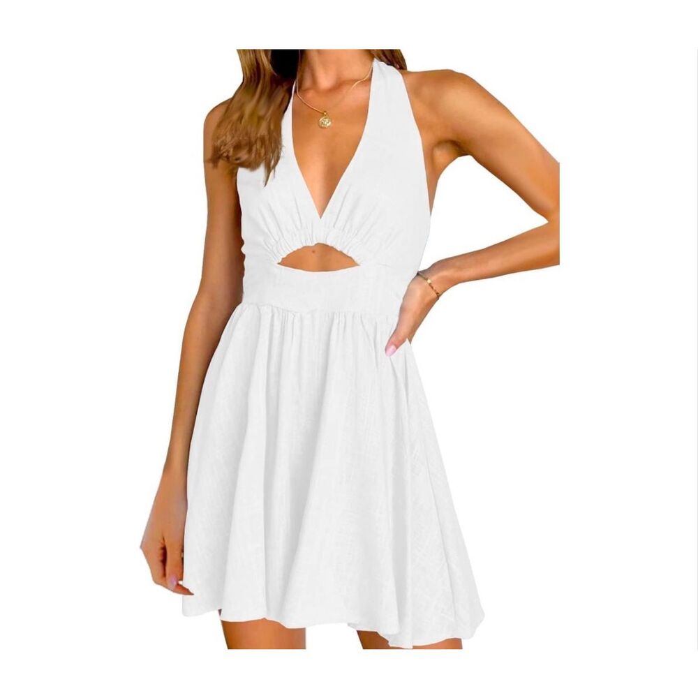 White Summer Sleeveless Halter Backless Flared Mini Dress - Never Worn - Picture 3 of 4